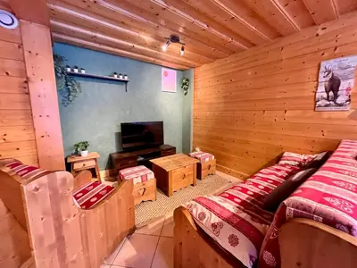 a room with two beds and a television in it at Confortable T2 avec jardin, animaux acceptés - FR-1-624-188 in Samoëns