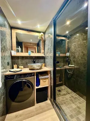 a bathroom with a washing machine and a shower at CoconAlpin au coeur de la station in Arâches-la-Frasse