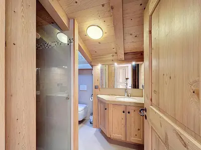 a bathroom with a shower and a sink and a toilet at Chalet spacieux 5 chambres proche ski bus, vue Mont-Blanc - FR-1-560-172 in Combloux