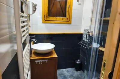 a small bathroom with a sink and a mirror at Charming apartment with mezzanine in the mountain in Demi-Quartier