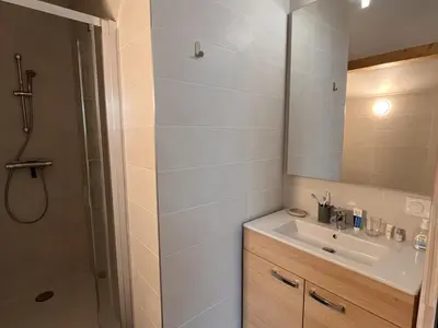 a bathroom with a sink and a shower at Duplex neuf 78m², 2 chambres, poêle, WIFI, parking, pour 5 pers. - Arâches-la-Frasse - FR-1-836-57 in Arâches-la-Frasse