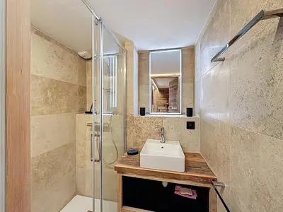 a bathroom with a sink and a shower at Chalet 5 chambres + dortoir proche pistes Combloux - FR-1-560-173 in Combloux