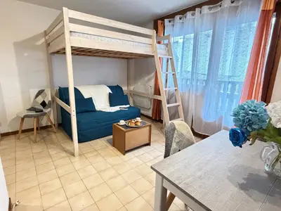 a small room with a bunk bed and a table at L'Orée du Parc in Saint-Gervais-les-Bains
