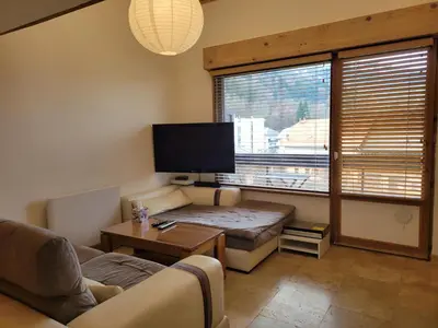 a living room with a couch and a tv at Lechappee Valleenne in Saint-Gervais-les-Bains