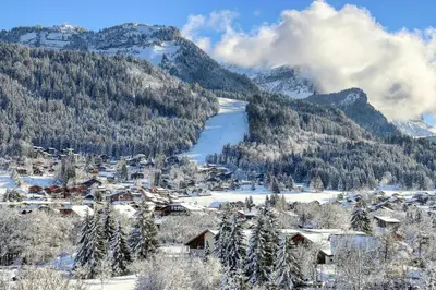 a village covered in snow with a lake and mountains at Apartment With Nordic Bath In Les Carroz in Les Carroz d'Araches
