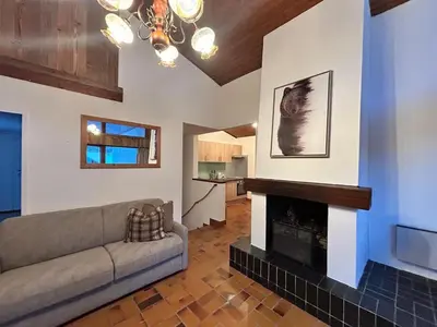 a living room with a couch and a fireplace at Chalet des Cinq in Samoëns