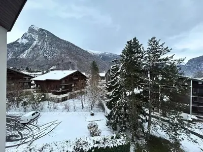 a view of a snow covered mountain from a house at Chalet des Cinq in Samoëns