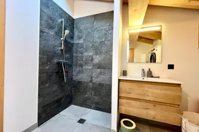 a bathroom with a shower and a sink at Comfortable stay 200m from the ski lifts in Combloux