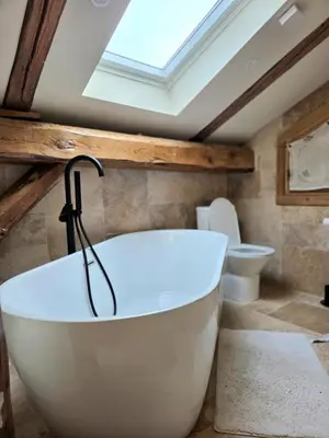 a bath tub in a bathroom with a skylight at Les Clarines des Contamines in Les Contamines-Montjoie