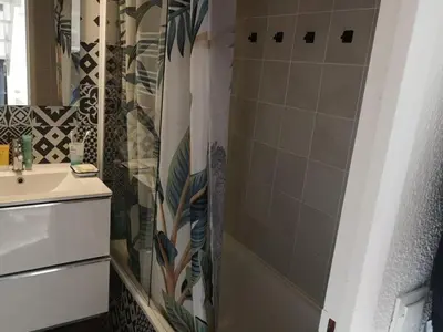 a bathroom with a shower and a sink at Studio mezzanine à 300m des pistes, balcon sud, jusqu'à 4 personnes - FR-1-572-342 in Arâches-la-Frasse