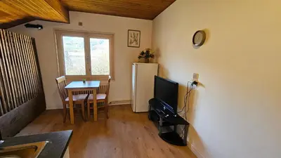 a living room with a small table and a refrigerator at Mini cozy au MontBlanc in Sallanches