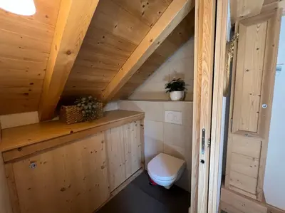 a bathroom with a toilet in a wooden house at Chamonix Trailside Town Apartments in Chamonix-Mont-Blanc