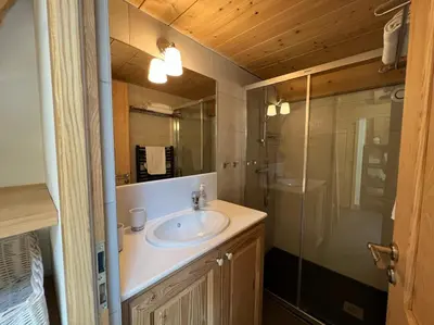 a bathroom with a sink and a glass shower at Chamonix Trailside Town Apartments in Chamonix-Mont-Blanc