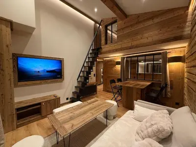 a living room with a couch and a tv at Charmant appartement en plein centre in Megève