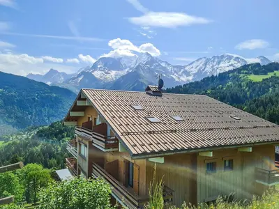 a bird sitting on the roof of a house at appartement proche ski et randonnées, vue montagne in Saint-Gervais-les-Bains