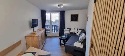 a living room with a couch and a tv at Les Arcades N105 ST4 in Morillon