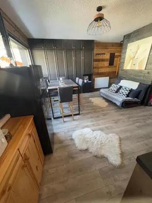 a living room with a dog laying on the floor at Studio COCOONING LE CARIBOU in Les Carroz d'Araches