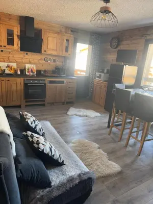 a living room with a couch and a kitchen at Studio COCOONING LE CARIBOU in Les Carroz d'Araches