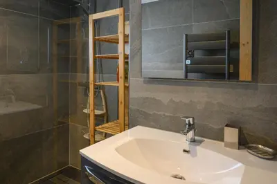 a bathroom with a sink and a mirror and a shower at Le Saint Gervolain in Saint-Gervais-les-Bains