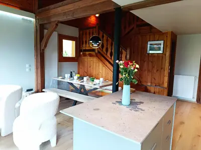 a kitchen with a counter with flowers in a vase at Le Cairn in Saint-Gervais-les-Bains
