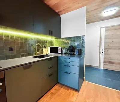 a kitchen with a sink and a microwave at Appart Hyper Centre Chamonix balcon parking privé in Chamonix-Mont-Blanc