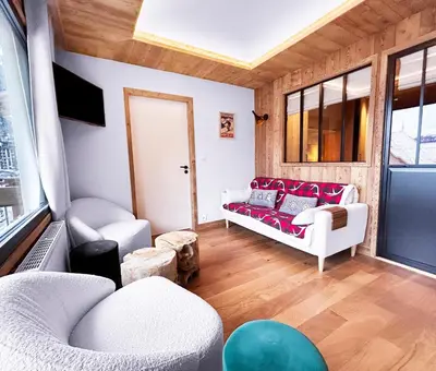 a living room with a couch and a tv at Appart Hyper Centre Chamonix balcon parking privé in Chamonix-Mont-Blanc