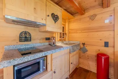 a kitchen with a stove and a sink in a cabin at Lays Mazot Calme Vues Parking in Saint-Gervais-les-Bains