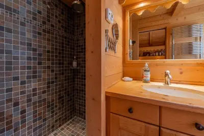 a bathroom with a sink and a shower at Véroce Chalet Calme 10PAX Cheminee Vue in Saint-Gervais-les-Bains