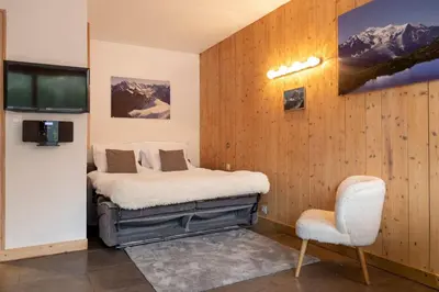 a bedroom with a bed and a chair and a tv at Posette Studio Vue 5mn Pistes Parking in Chamonix-Mont-Blanc