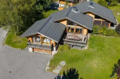 an overhead view of a house with a metal roof at Vieil Ours Douillet Chalet 11pax Familial Vue in Chamonix-Mont-Blanc
