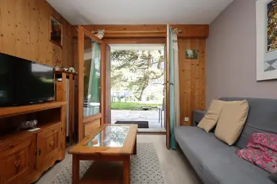 a living room with a couch and a tv at Appartement 2 pers hyper centre Chamonix in Chamonix-Mont-Blanc