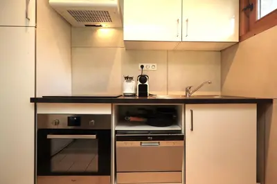 a small kitchen with a stove and a sink at Appartement 2 pers hyper centre Chamonix in Chamonix-Mont-Blanc