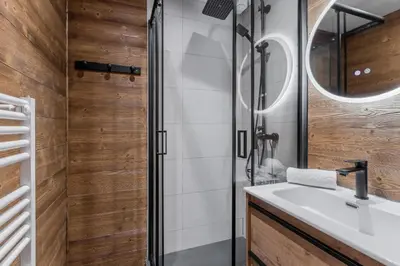 a bathroom with a sink and a shower at Le Cocon du Prarion in Les Houches