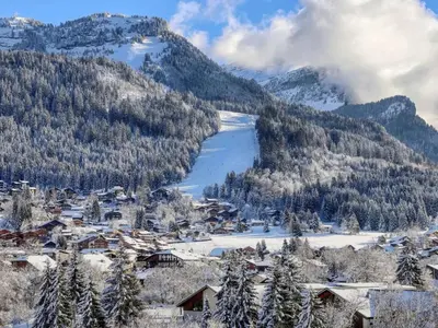 a village in the snow with a lake and mountains at Appartement lumineux 3 pièces proche des pistes avec WiFi et parking - FR-1-572-343 in Arâches-la-Frasse