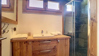 a bathroom with a sink and a shower at Riante Colline Edelweiss - PROCHE CENTRE 3 chambres- balcon in Megève