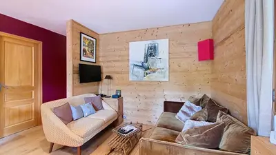 a living room with a couch and a tv at Les Perchets - PROCHE CENTRE - 2 chambres in Megève