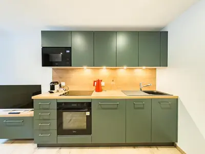 a kitchen with green cabinets and a sink at Studio exceptionnel, tout équipé face à l'aiguille du midi in Chamonix-Mont-Blanc