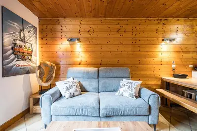 a blue couch in a room with a wooden wall at Renovated Apartment 7p Argentière - Close to Slopes! in Chamonix-Mont-Blanc