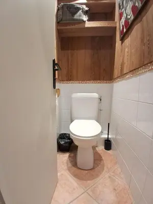a bathroom with a white toilet in a room at Le Menhir Chalets de Lady in Megève