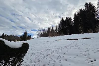 a snow covered hill with footprints in the snow at Le Menhir Chalets de Lady in Megève