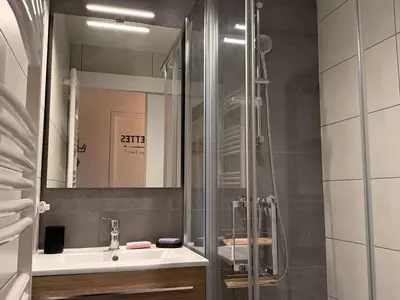 a bathroom with a sink and a shower at Studio mezzanine ensoleillé, proche pistes, Les Carroz d'Arâches - FR-1-572-346 in Arâches-la-Frasse