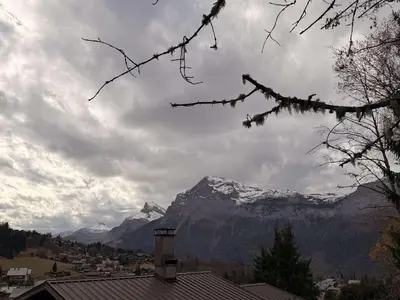 a view of a snow covered mountain on a cloudy day at Studio mezzanine ensoleillé, proche pistes, Les Carroz d'Arâches - FR-1-572-346 in Arâches-la-Frasse