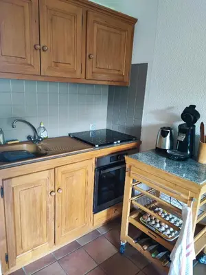 a kitchen with wooden cabinets and a sink and a stove at Le pied des pistes télésiège des chattrix in Saint-Gervais-les-Bains