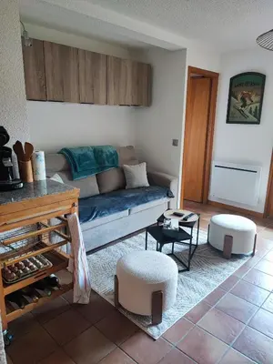 a living room with a couch and a table at Le pied des pistes télésiège des chattrix in Saint-Gervais-les-Bains
