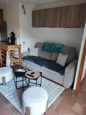 a living room with a couch and a table at Le pied des pistes télésiège des chattrix in Saint-Gervais-les-Bains