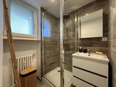 a bathroom with a sink and a shower at Appartement Mélèzes in Megève
