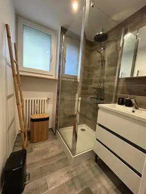 a bathroom with a shower and a sink at Appartement Mélèzes in Megève