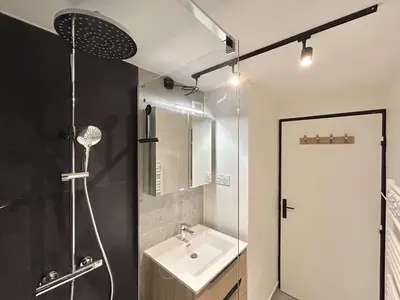 a bathroom with a shower and a sink and a shower at Appartement cosy 2 pièces, terrasse, casier à skis, parking commun - FR-1-597-198 in Demi-Quartier