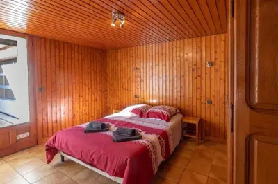 a bedroom with a bed in a wooden room at Appartement Le Daguet in Sallanches