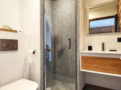 a bathroom with a shower with a toilet and a sink at Les trois Massifs in Saint-Gervais-les-Bains